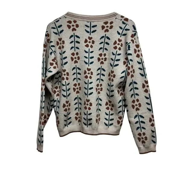 Botanical Floral Knit Cardigan Sweater Button Front Beige Green Size M - Picture 3 of 7